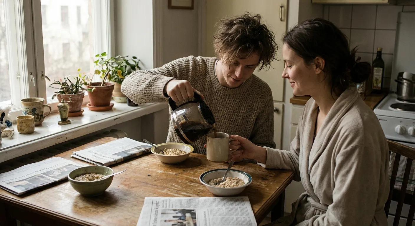 Couple sharing quiet breakfast moment together at kitchen table