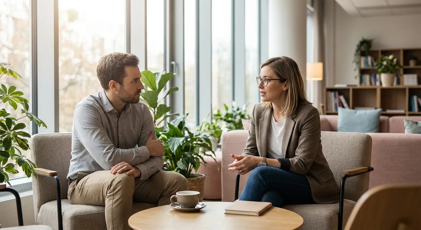 Two colleagues in thoughtful one-on-one conversation at a quiet office corner
