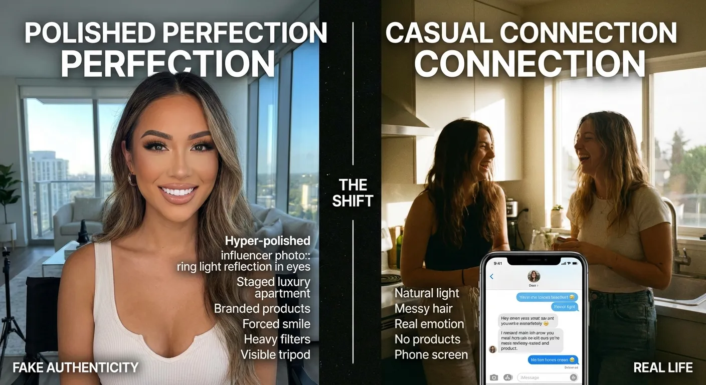 Split image contrasting polished influencer photo with authentic behind-the-scenes moment