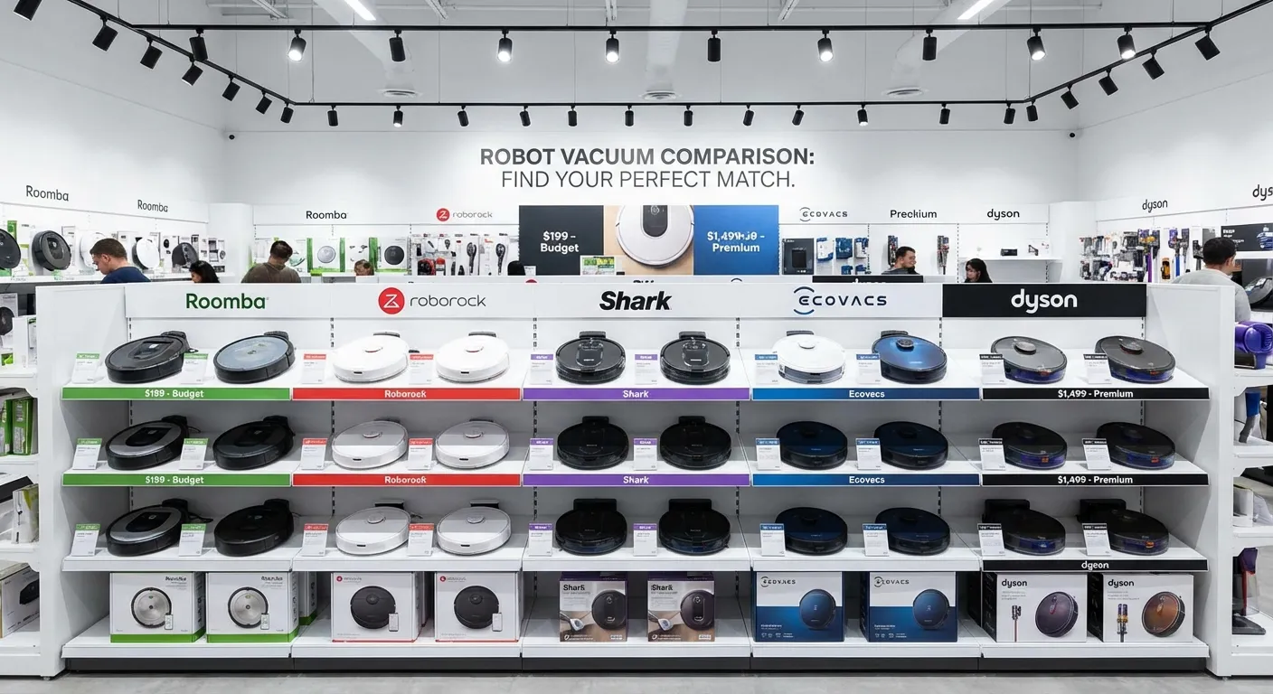 Comparison of multiple robot vacuum brands lined up on display shelf