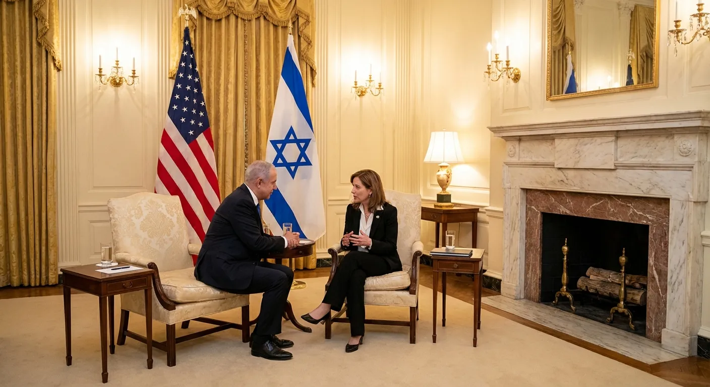 Diplomatic meeting between world leaders in a formal White House setting