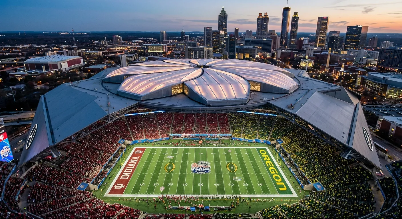 Aerial view of Mercedes-Benz Stadium set up for Peach Bowl CFP semifinal