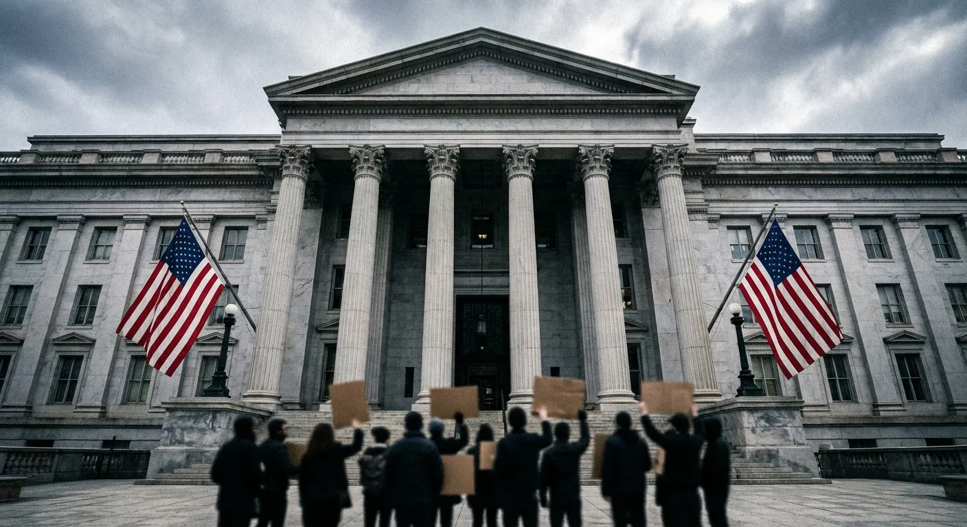 The exterior of a federal courthouse with American flags and protestors visible in the background