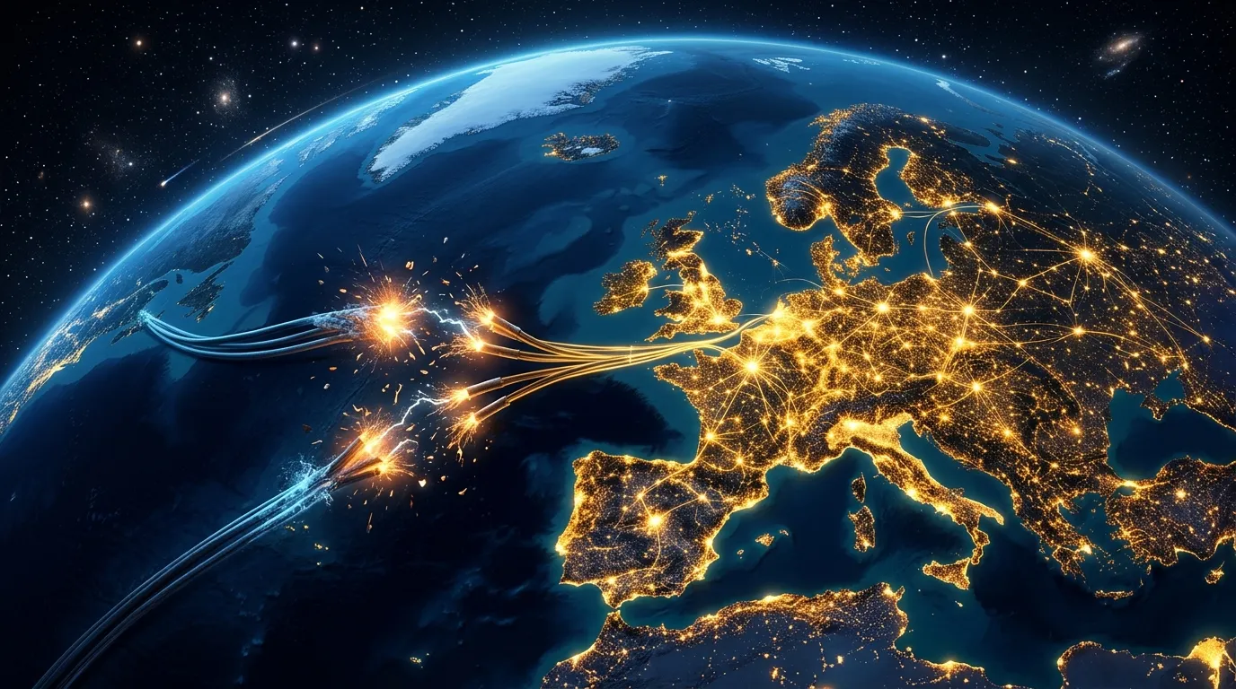 A digital map of Europe with glowing network lines disconnecting from cables stretching toward North America