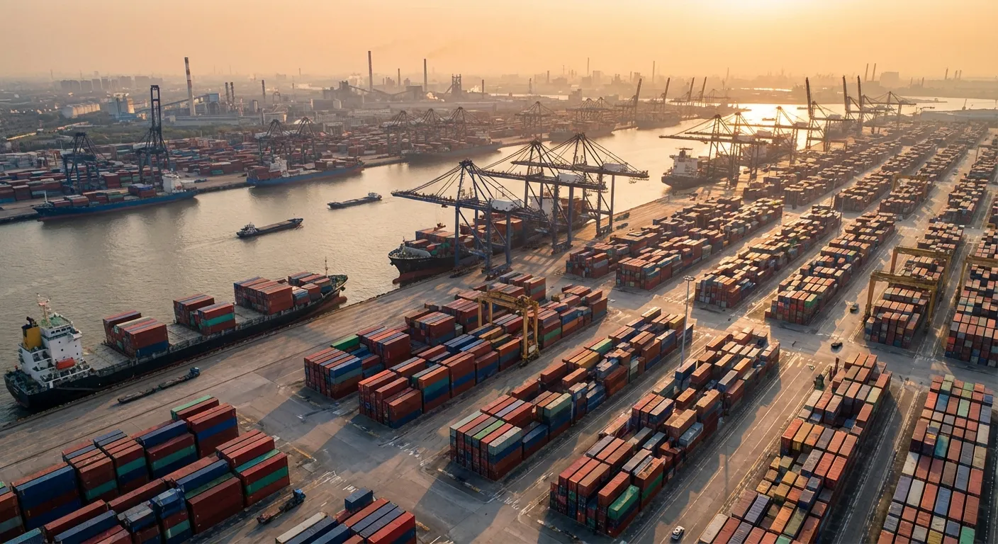Container ships at busy Chinese port representing massive trade surplus and global exports