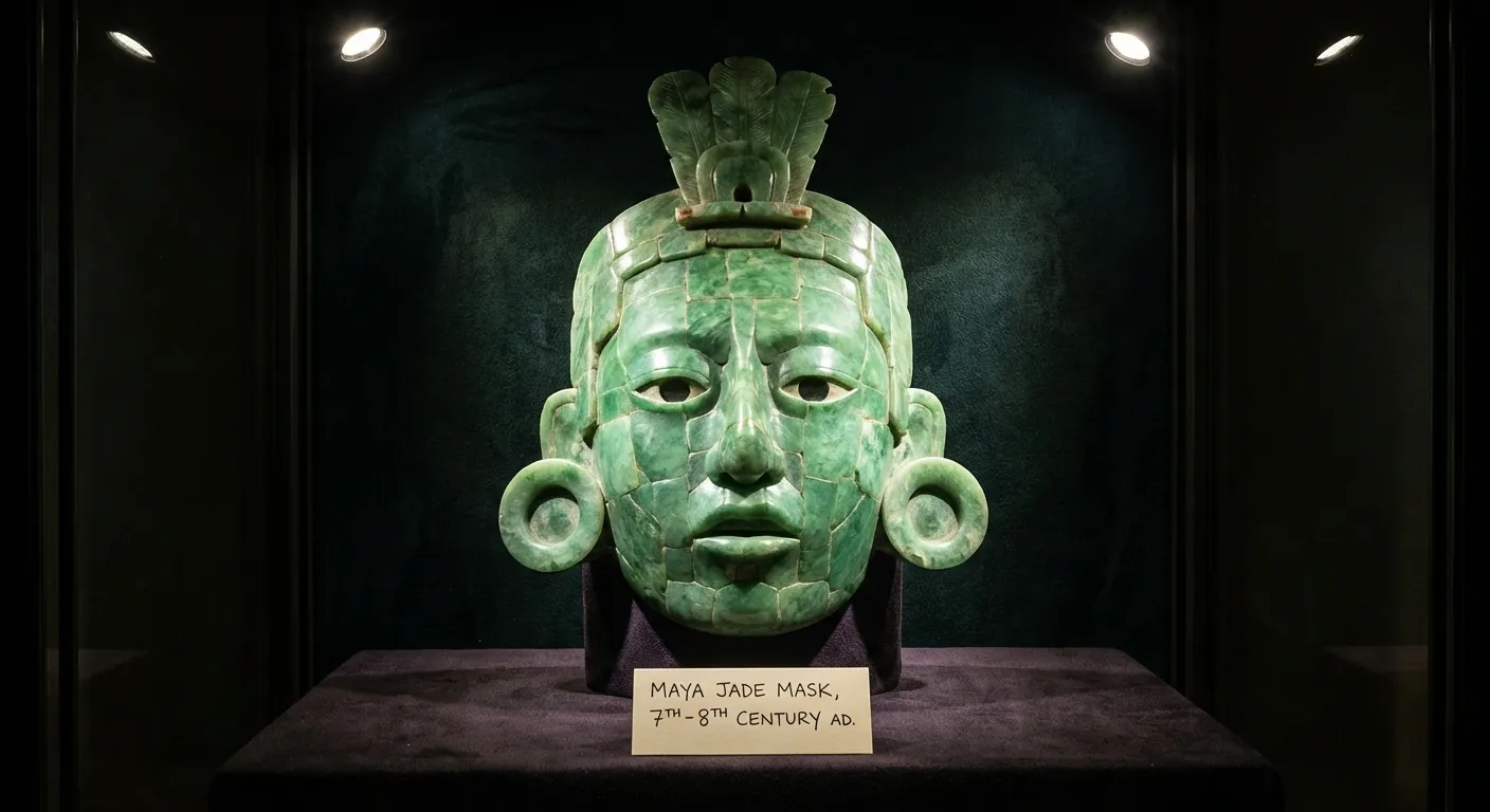 Jade mosaic death mask with Maya royal regalia recovered from ancient tomb