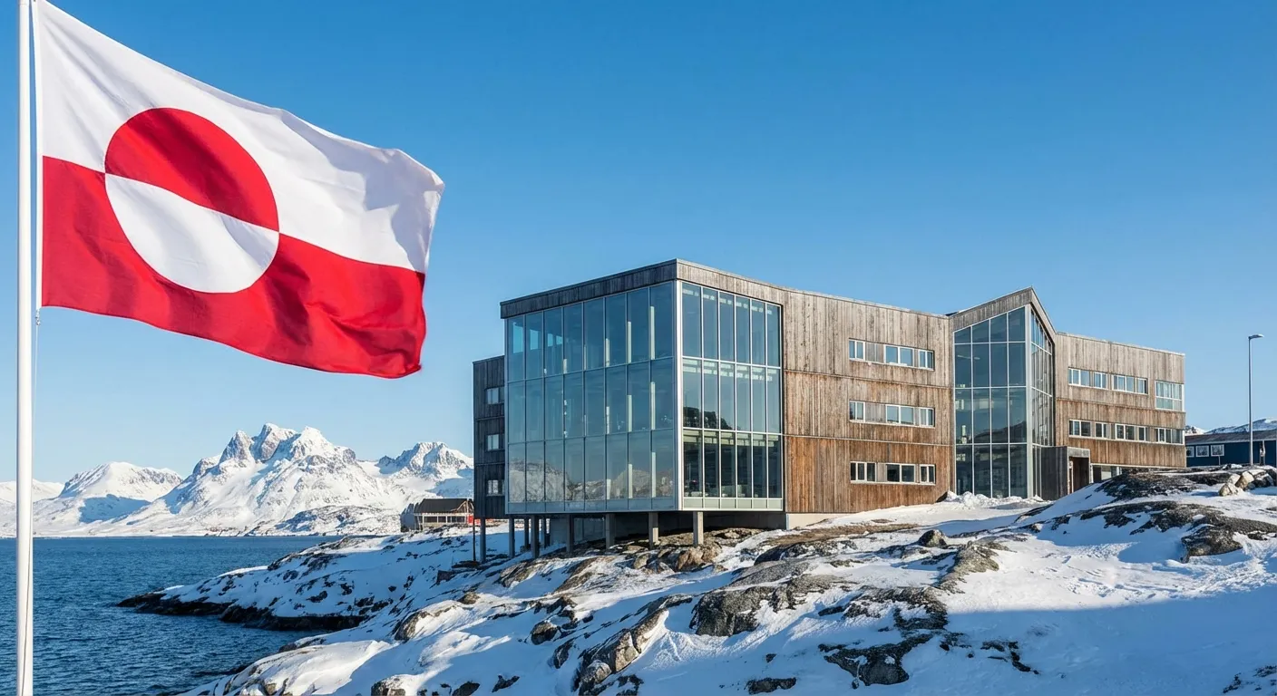 Greenlandic parliament building in Nuuk with national flag