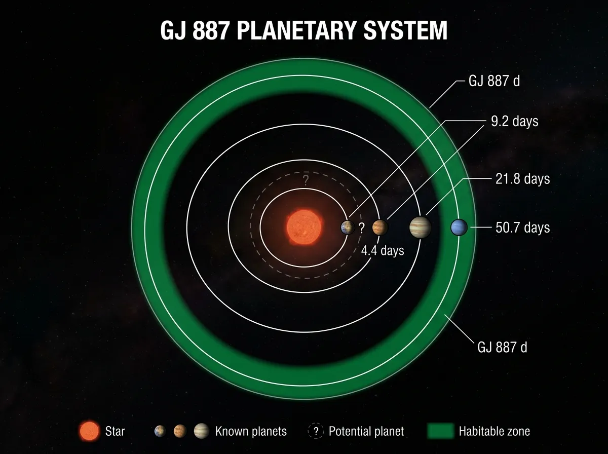 Diagram of the GJ 887 planetary system showing four confirmed orbits