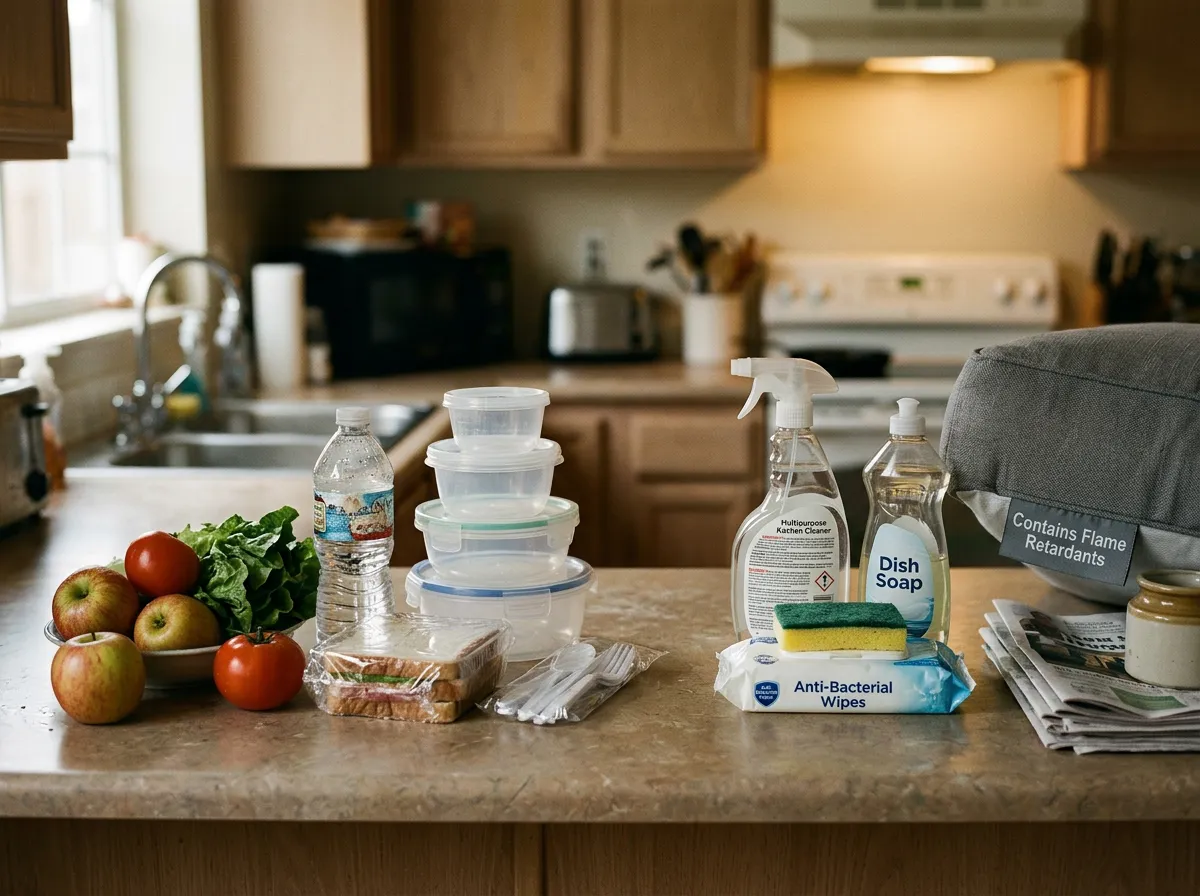 Kitchen countertop with fresh produce alongside common household products containing chemicals