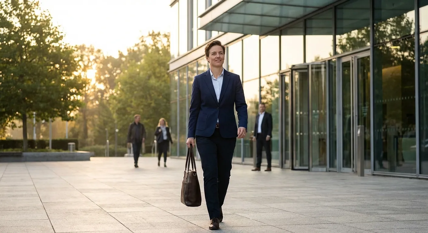 Person approaching a challenging situation with alert but confident body language