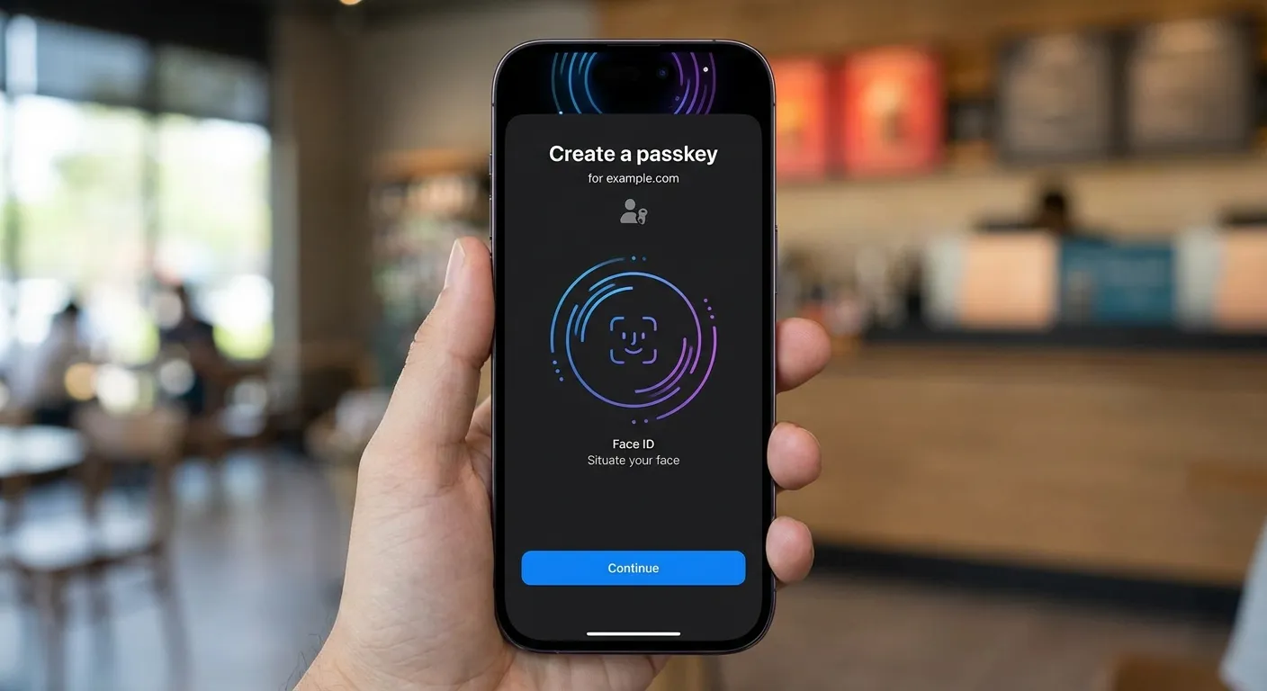 iPhone screen showing Face ID prompt during passkey creation process