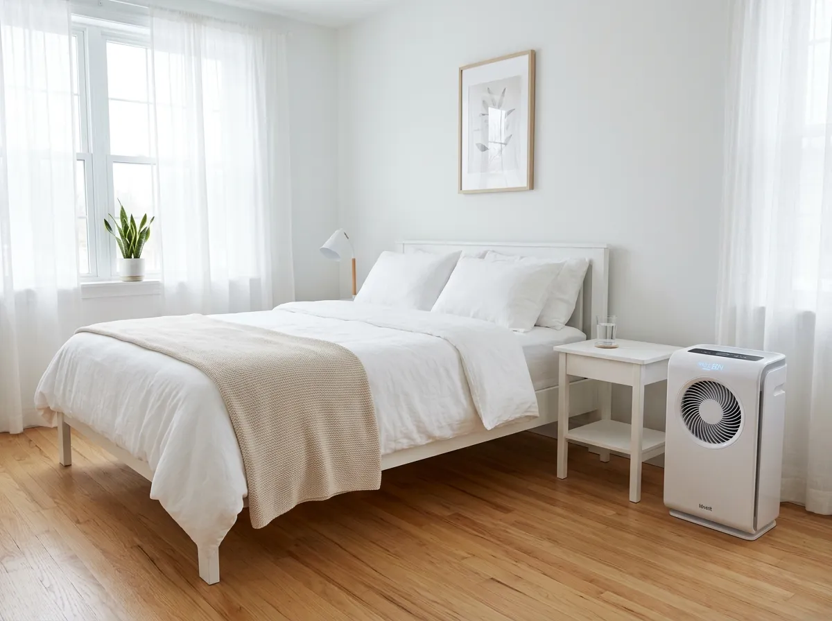 Clean bedroom with HEPA air purifier, closed windows, and hardwood floors