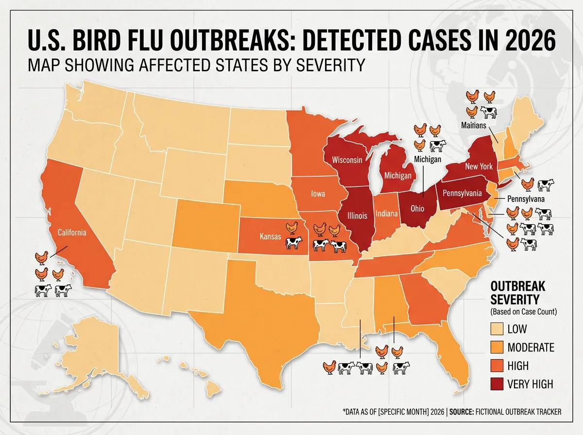 Map showing bird flu outbreak states across the United States in 2026