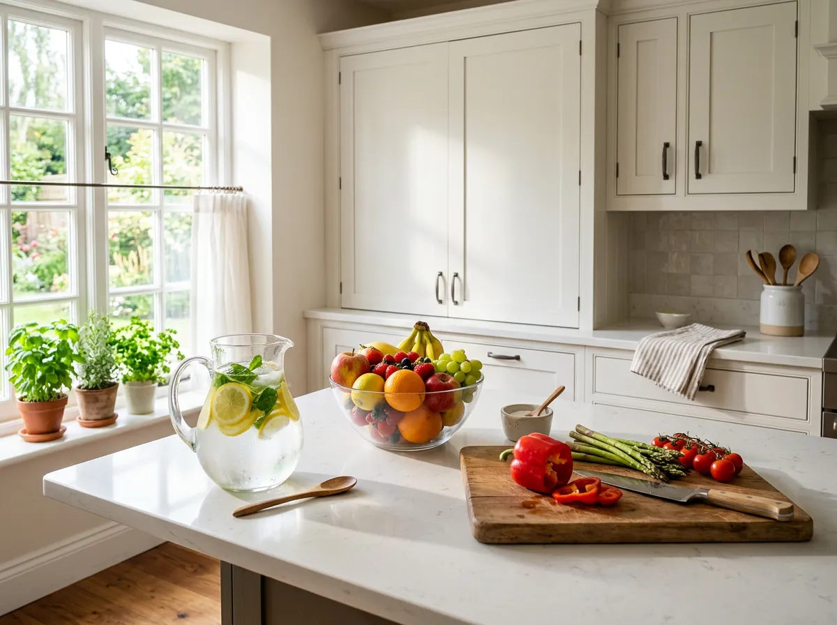 Kitchen counter with healthy food arranged visibly and snacks stored away