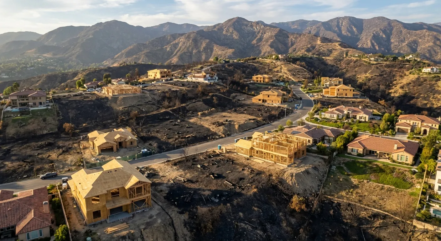 Aerial view of Los Angeles hillside community showing fire damage and reconstruction