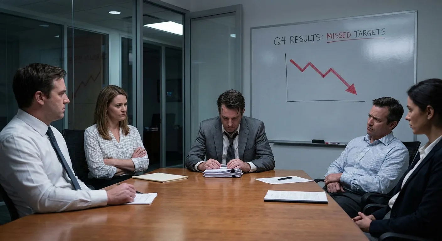 Business meeting where colleagues judge a decision by its outcome rather than the process