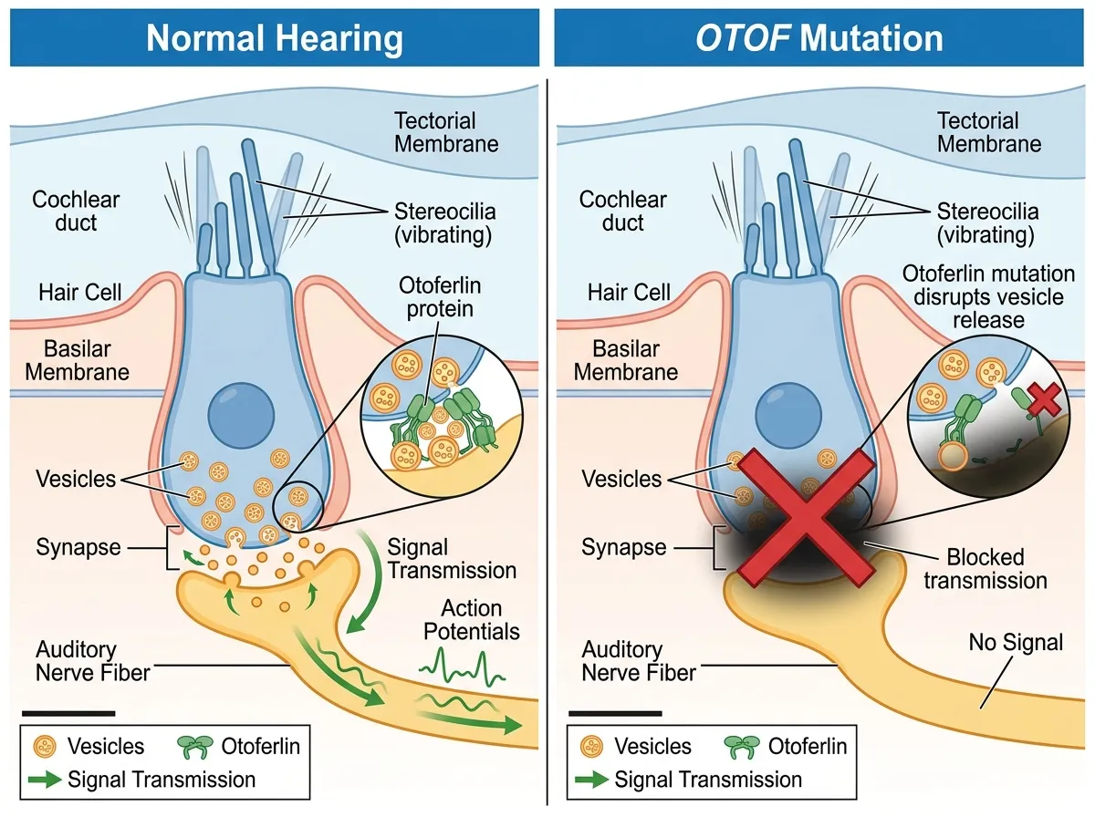 Diagram comparing normal cochlear signaling with otoferlin deficiency blocking sound transmission