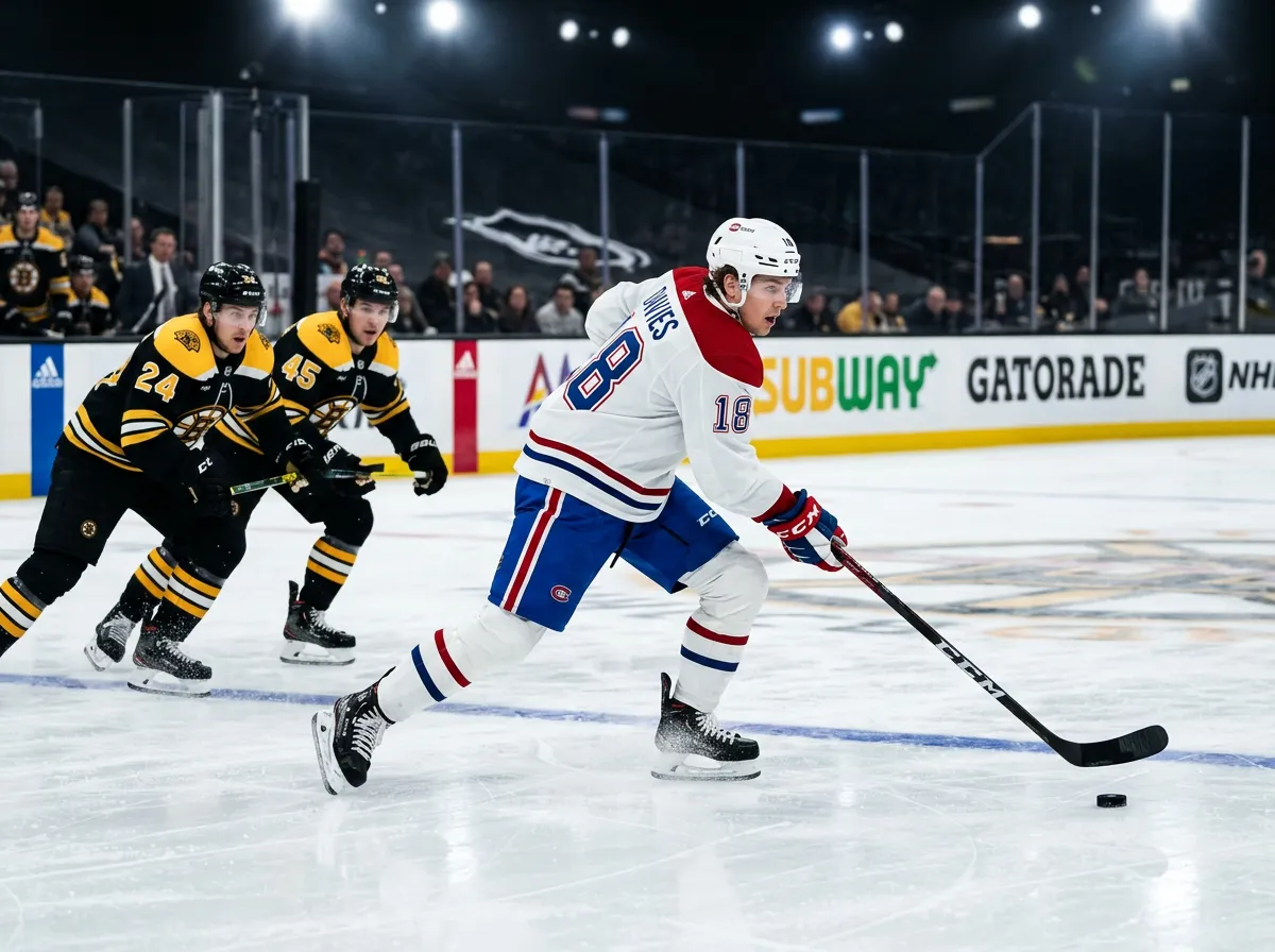 Hockey forward skating with the puck under bright arena lights during an NHL game