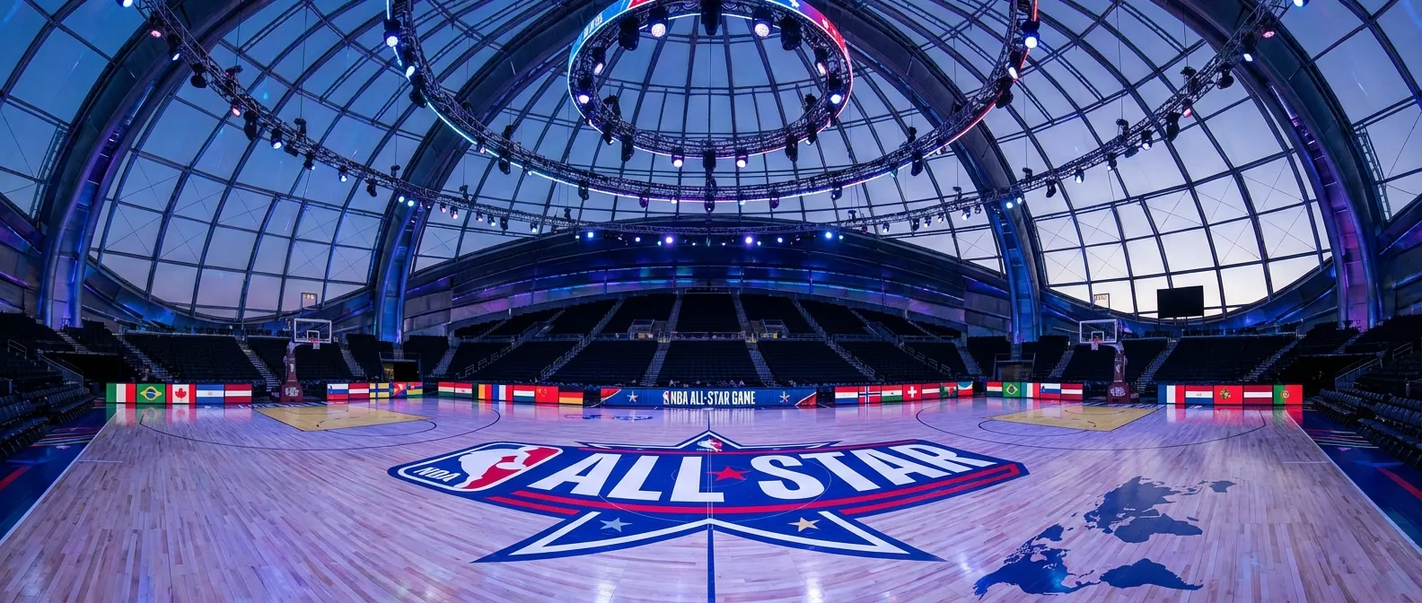 NBA All-Star court setup at Intuit Dome arena with special branding and lighting