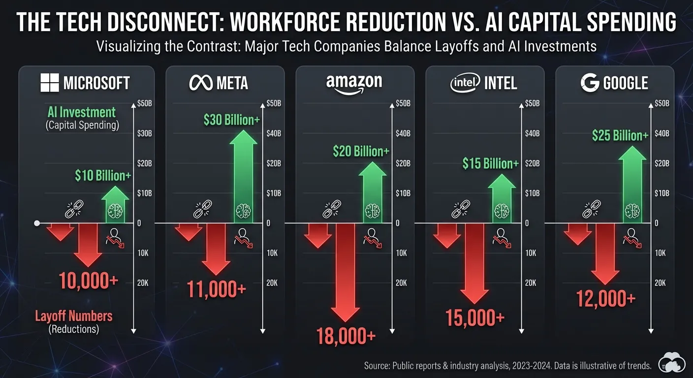 Infographic showing major tech company layoffs and AI investment figures for 2025