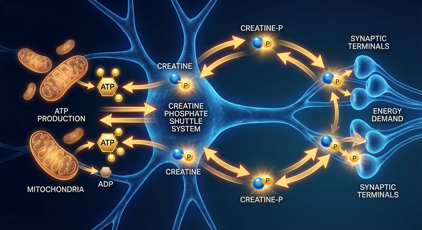 Diagram showing creatine phosphate shuttle system between mitochondria and neurons