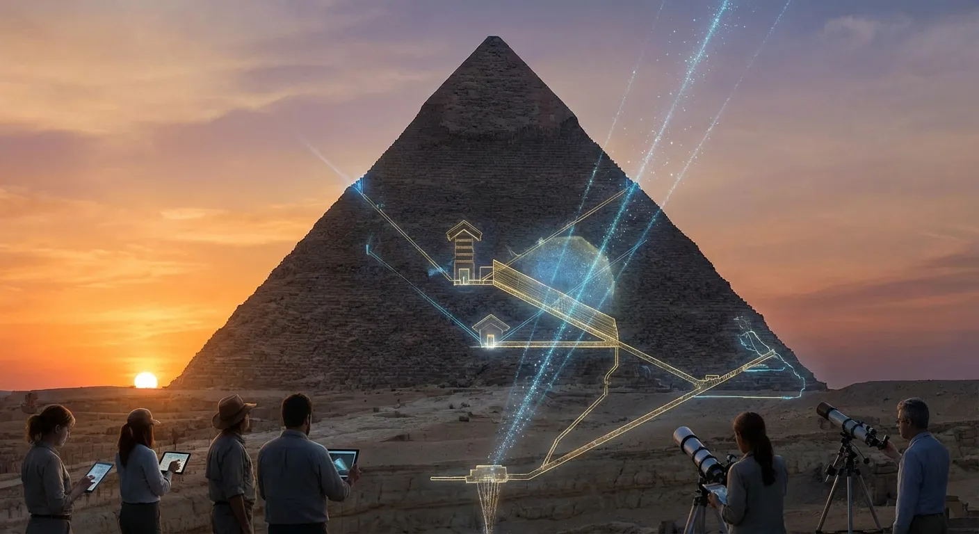 Great Pyramid of Giza at sunset with subtle visualization of internal scanning technology
