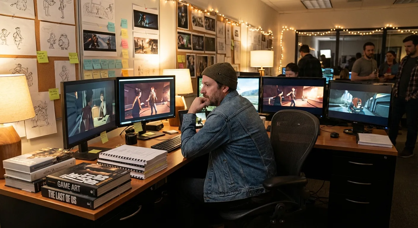 Director reviewing game footage on screen while planning adaptation scenes