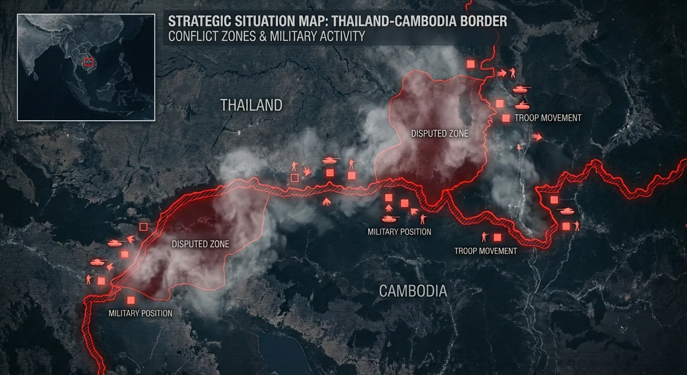 Map of Thailand-Cambodia border region with military positions and conflict zones marked