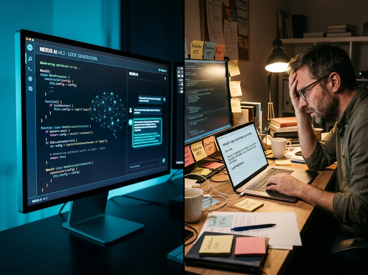 Split-screen comparison of an AI chatbot interface and a worried tech worker at a laptop