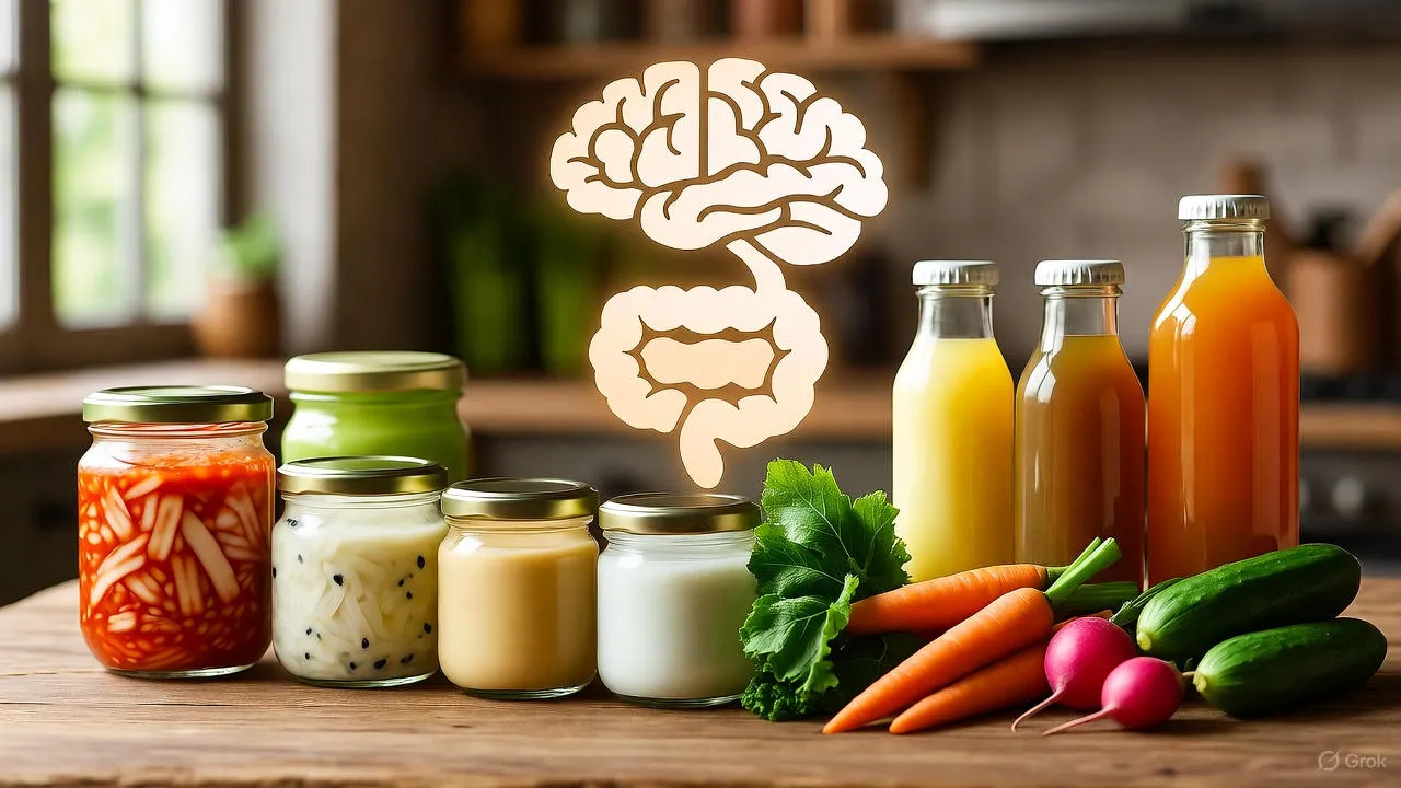 Colorful array of fermented foods including kimchi, kefir, sauerkraut, and kombucha arranged on a wooden table