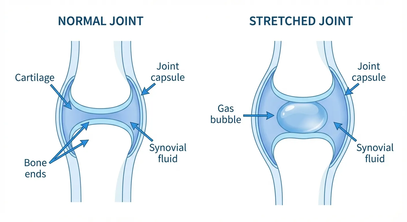 Diagram of finger joint showing synovial fluid and gas bubble