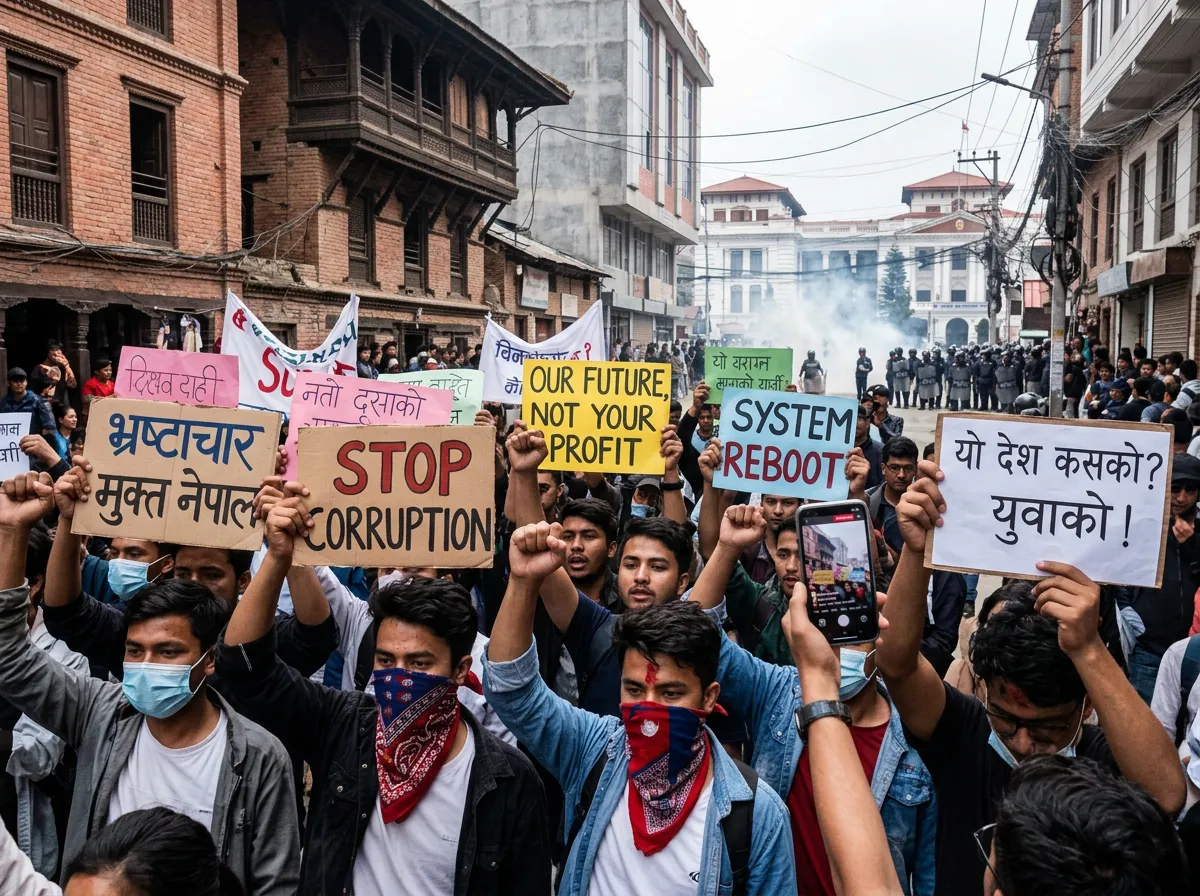 Young Nepali protesters from 2025 demonstrations holding anti-corruption signs