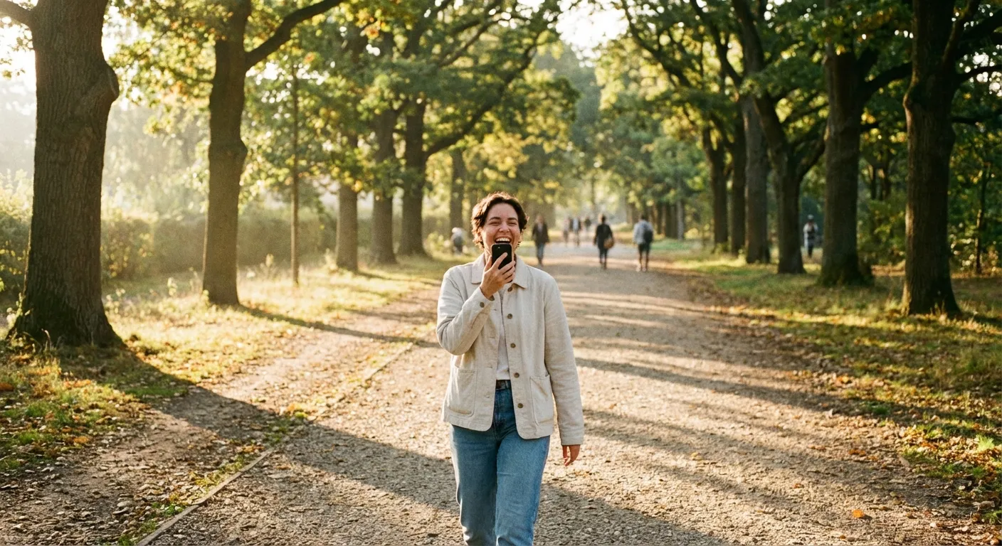 Person recording voice message on phone while walking outdoors in morning light
