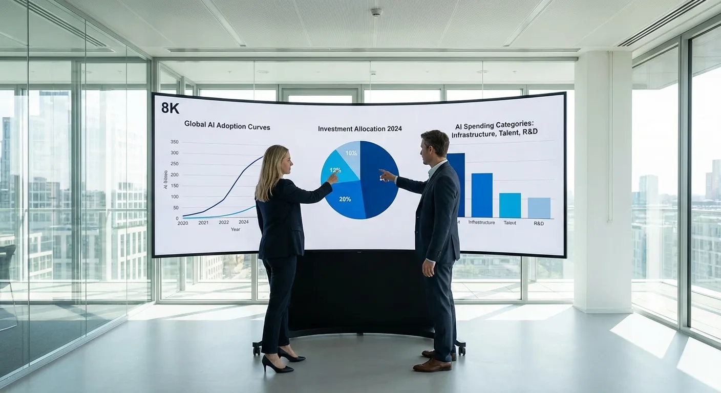 Corporate executives reviewing AI investment strategy with charts and data