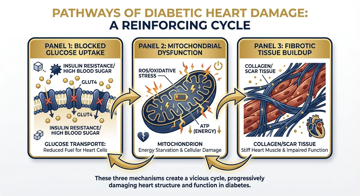 Infographic showing the three mechanisms of diabetic heart damage: energy disruption, protein degradation, and fibrosis