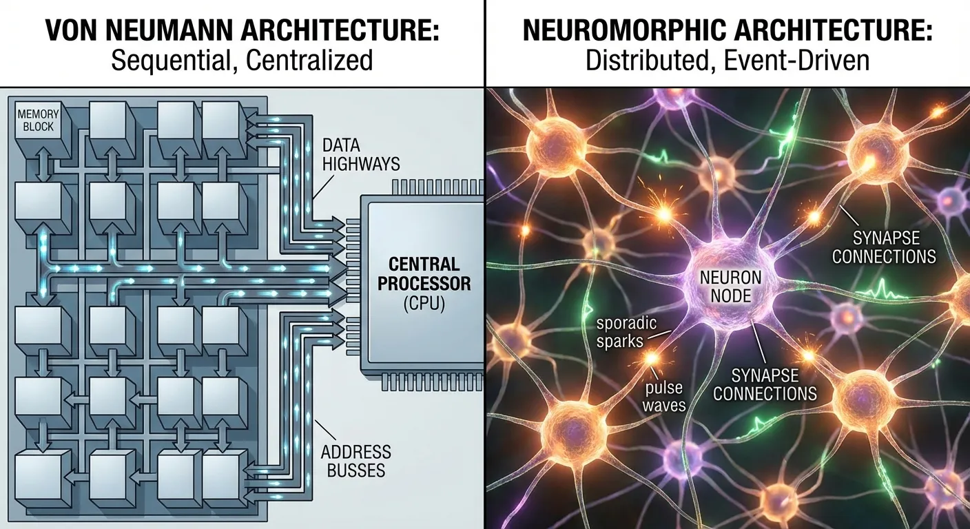 Side-by-side comparison of traditional von Neumann chip architecture and neuromorphic spiking architecture