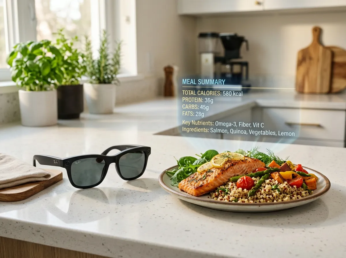 Ray-Ban Meta glasses on a kitchen counter next to a plate of food with nutrition overlay concept