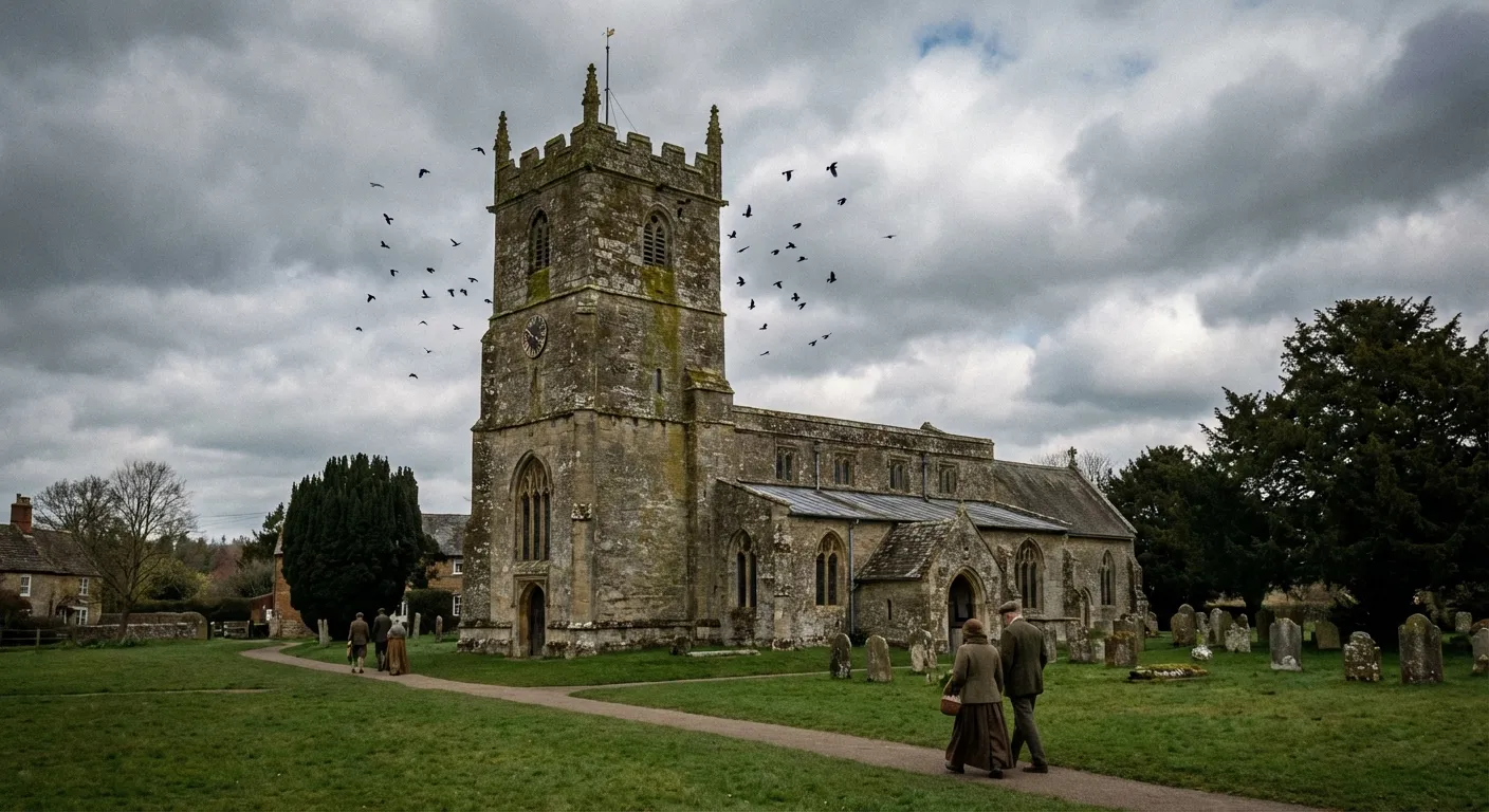 Medieval church bell tower with a village green and people gathered below