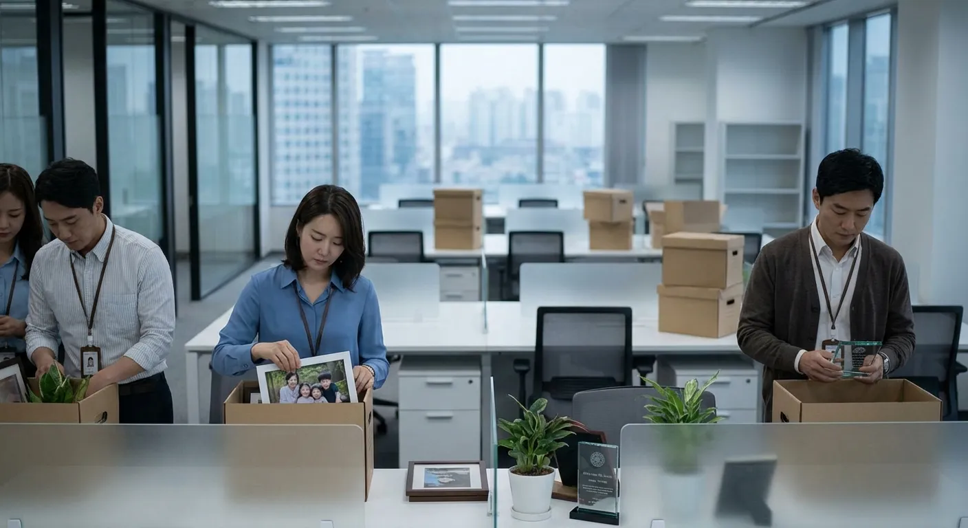 Workers packing personal belongings in office boxes