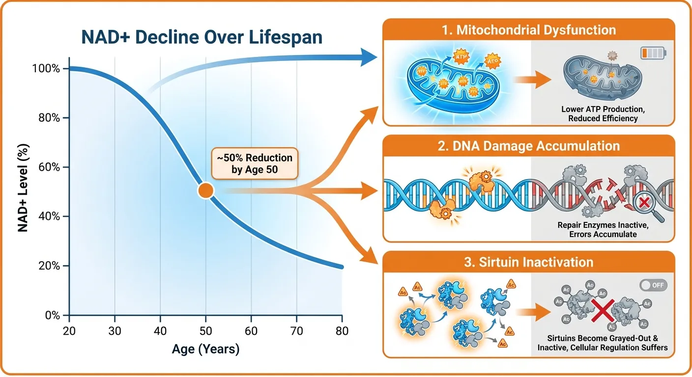 Diagram showing NAD+ decline with age and its effects on mitochondria, DNA repair, and sirtuin activation