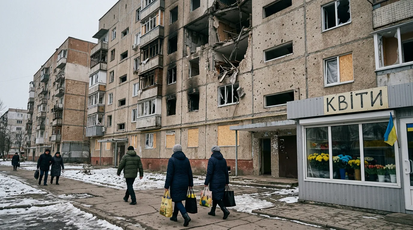 A Ukrainian city street showing damaged buildings alongside signs of everyday civilian life