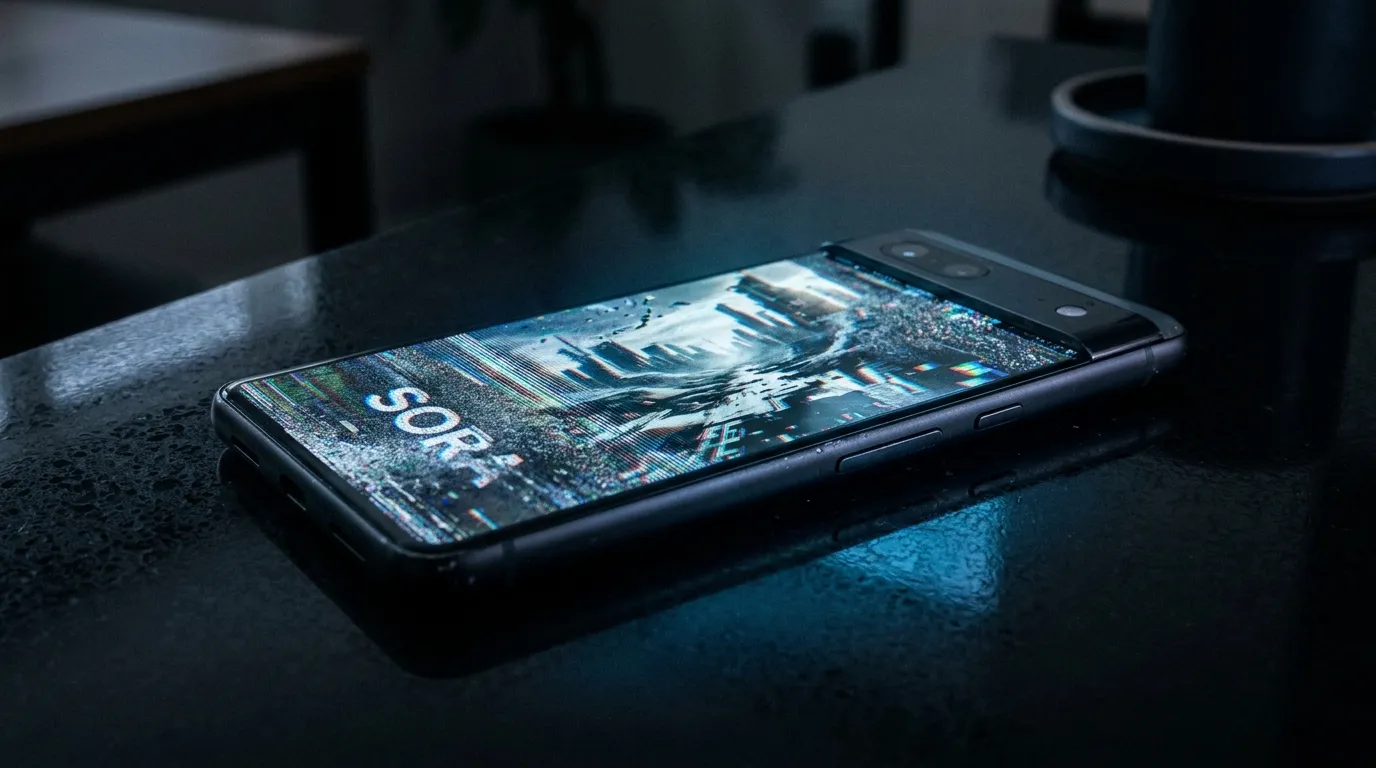 A smartphone showing a glitching AI-generated video on a dark screen with the Sora logo fading out