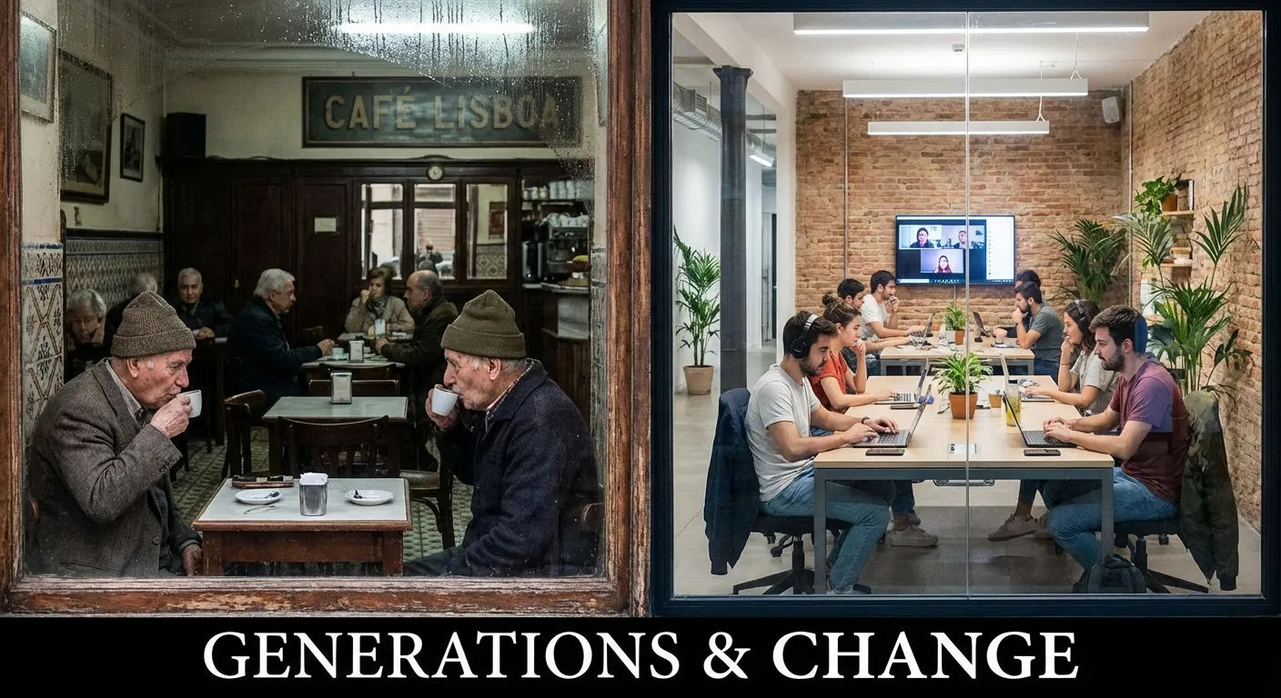 Empty traditional Portuguese cafe next to crowded coworking space with foreign workers