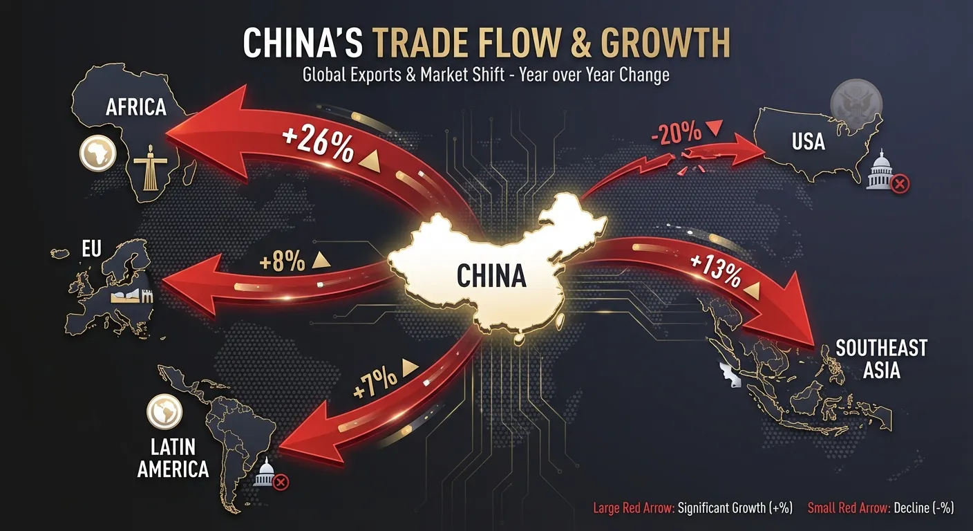 Infographic showing China trade flows to different regions with arrows and percentages