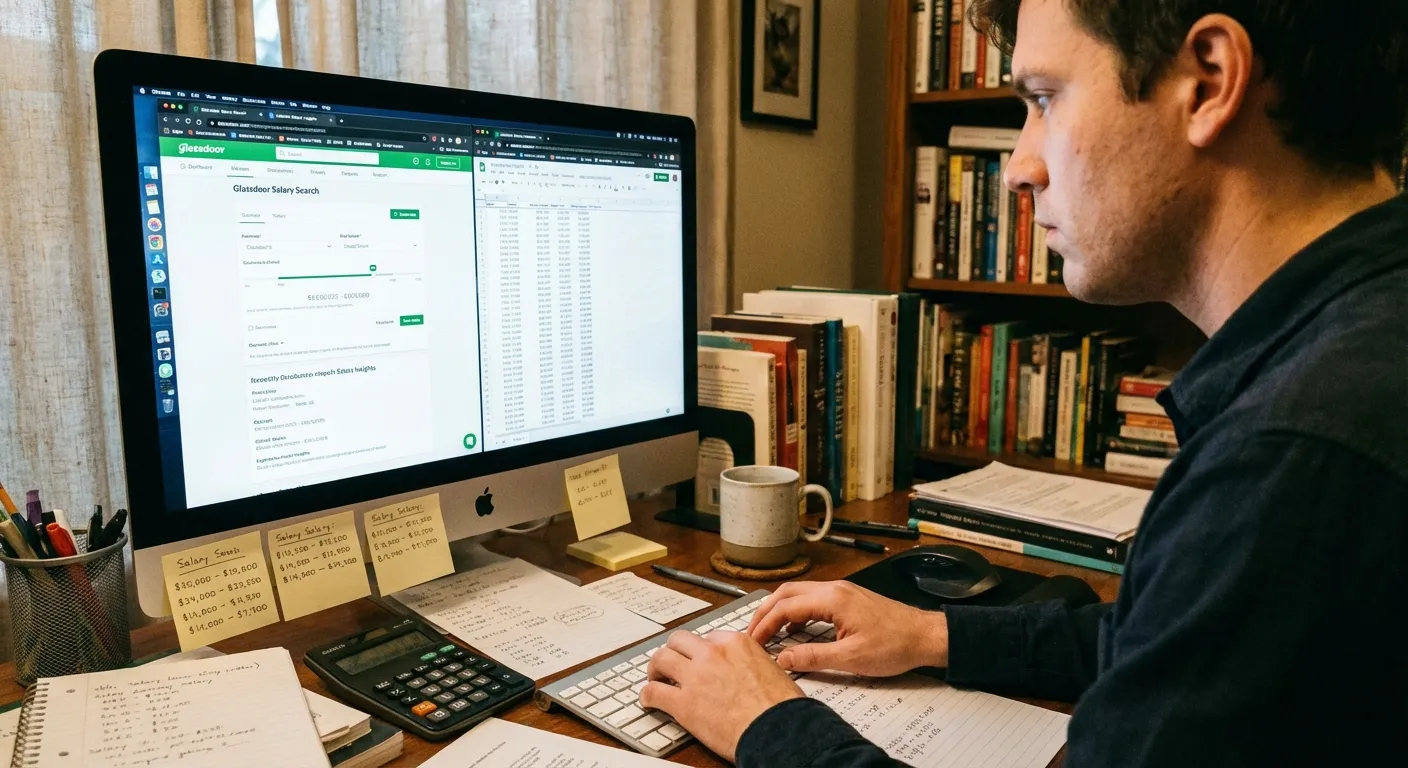 Person researching market salary data on laptop