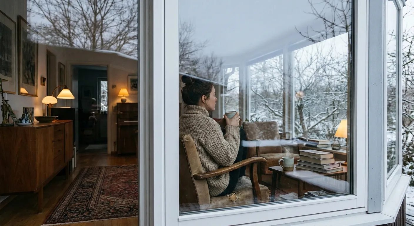 Person sitting quietly by a window on a grey winter day looking contemplative