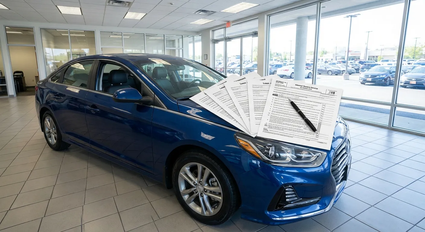 New car at dealership with loan paperwork and tax form on hood