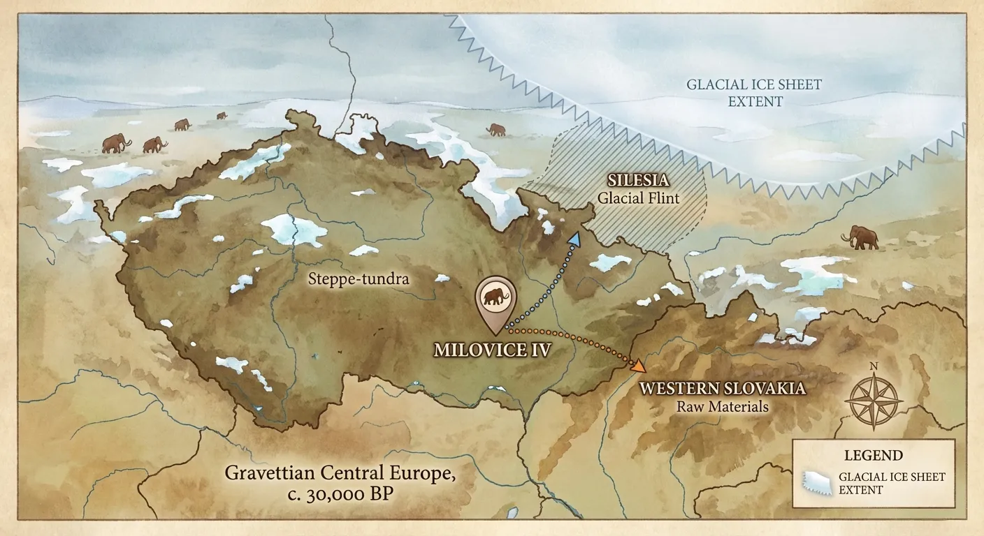 Map of central Europe showing raw material sources and the Milovice IV site location