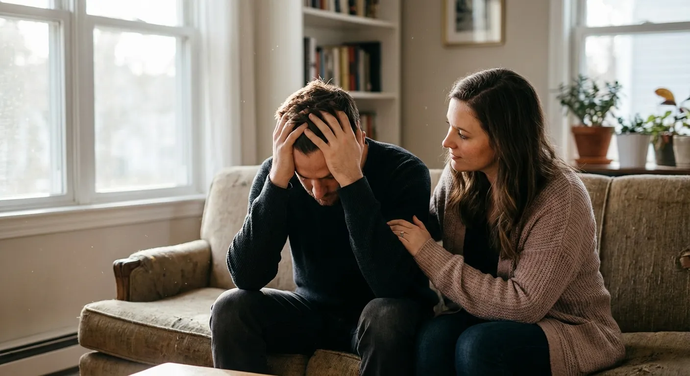 Two people sitting together having a difficult but caring conversation