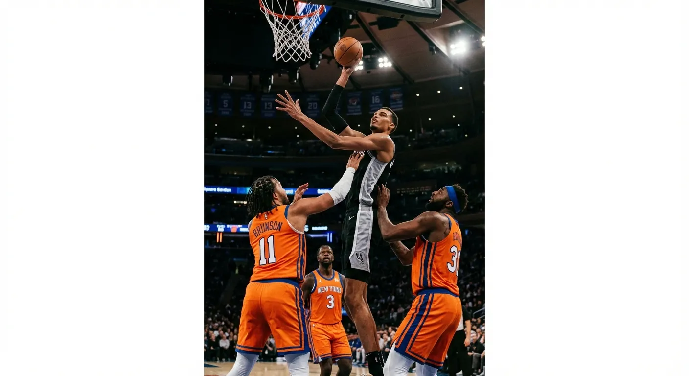 Victor Wembanyama shooting over Knicks defenders during third quarter surge